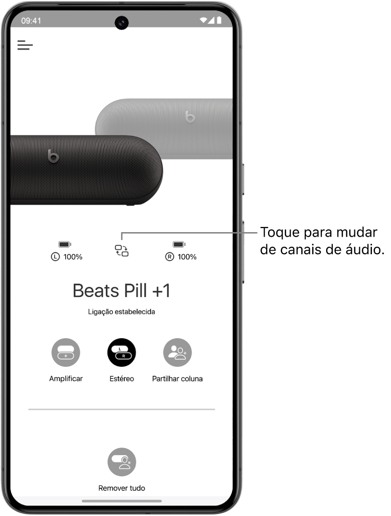 O ecrã do dispositivo na aplicação&nbsp;Beats apresenta duas colunas Beats&nbsp;Pill ligadas num grupo Estéreo e o botão para alterar os canais de áudio.