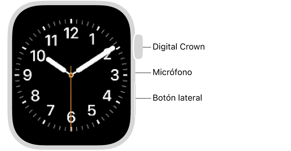 En el frente del Apple&nbsp;Watch Series&nbsp;9, se muestra la pantalla con la carátula y, en orden descendente en un lado del reloj, se ve la Digital&nbsp;Crown, el micrófono y el botón lateral.