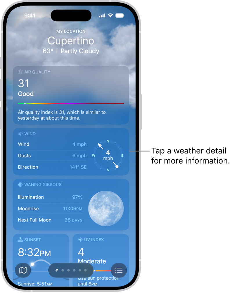 The Weather app showing weather details for a location.