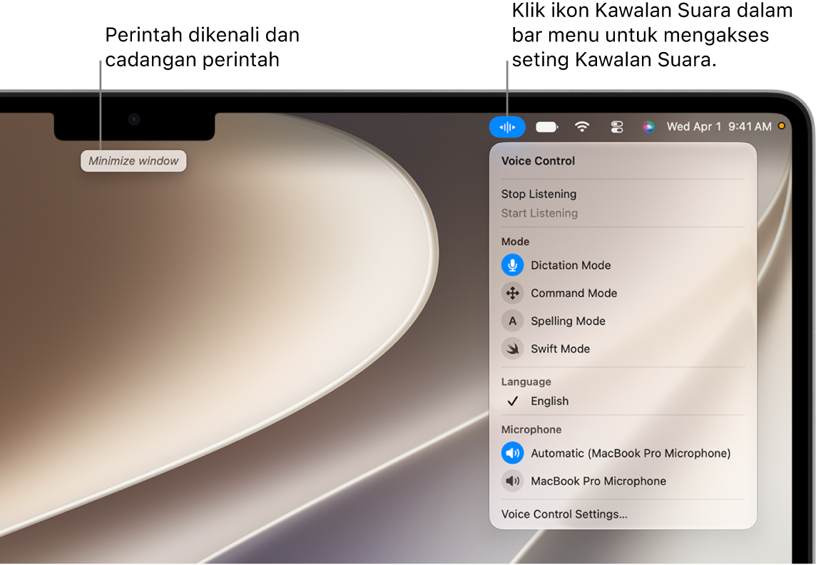 Cadangan perintah ditunjukkan di bahagian atas desktop. Di sebelah kanan, ikon Kawalan Suara ditunjukkan dalam bar menu dan menu Kawalan Suara dibuka.