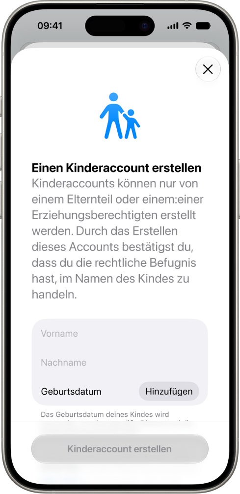 Der Bildschirm „Kinderaccount erstellen“ mit Optionen zum Hinzufügen des Vornamens, des Nachnamens und des Geburtstags.