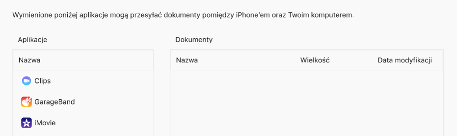 Okno aplikacji Pliki pokazujące aplikacje, które można synchronizować z urządzeniem.