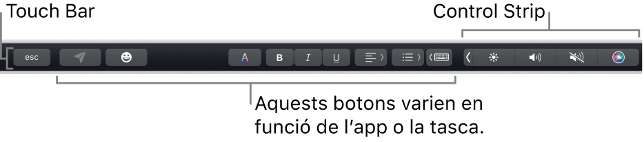 La Touch&nbsp;Bar, situada a la part superior del teclat, mostra la Control&nbsp;Strip contreta, a la dreta, i botons que varien segons l'app o la tasca.