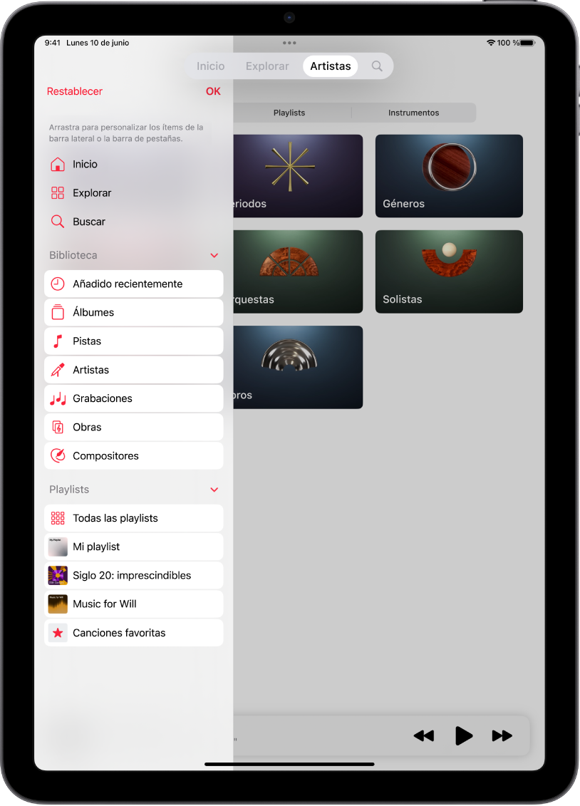 iPad en orientación vertical con opciones para editar la barra lateral a la izquierda y la barra de pestañas en la parte superior de la pantalla.