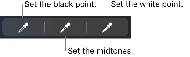 Three eyedroppers used to set the black point, midtones, and white point of the photo or video.