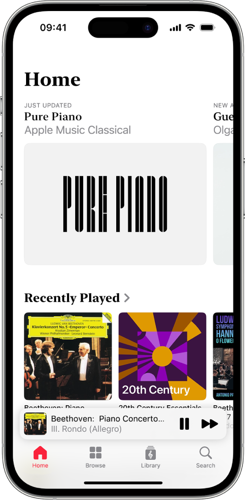 An iPhone showing the Home tab in Apple Music Classical. At the top of the screen is a featured playlist. Recently Played playlists are in the middle of the screen, and below those is the Mini Player, which shows the track that’s currently playing. At the very bottom of the screen are the Home, Browse, Library and Search buttons.