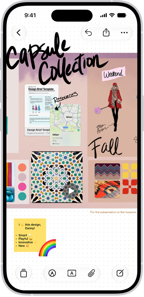 iPhone com o app Freeform aberto, mostrando uma nota adesiva com o feedback de outra pessoa.