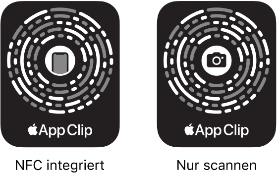 Links ist ein NFC-integrierter App Clip-Code mit einem iPhone-Symbol in der Mitte zu sehen. Rechts ist ein scanbarer App Clip-Code mit einem Kamerasymbol in der Mitte zu sehen.