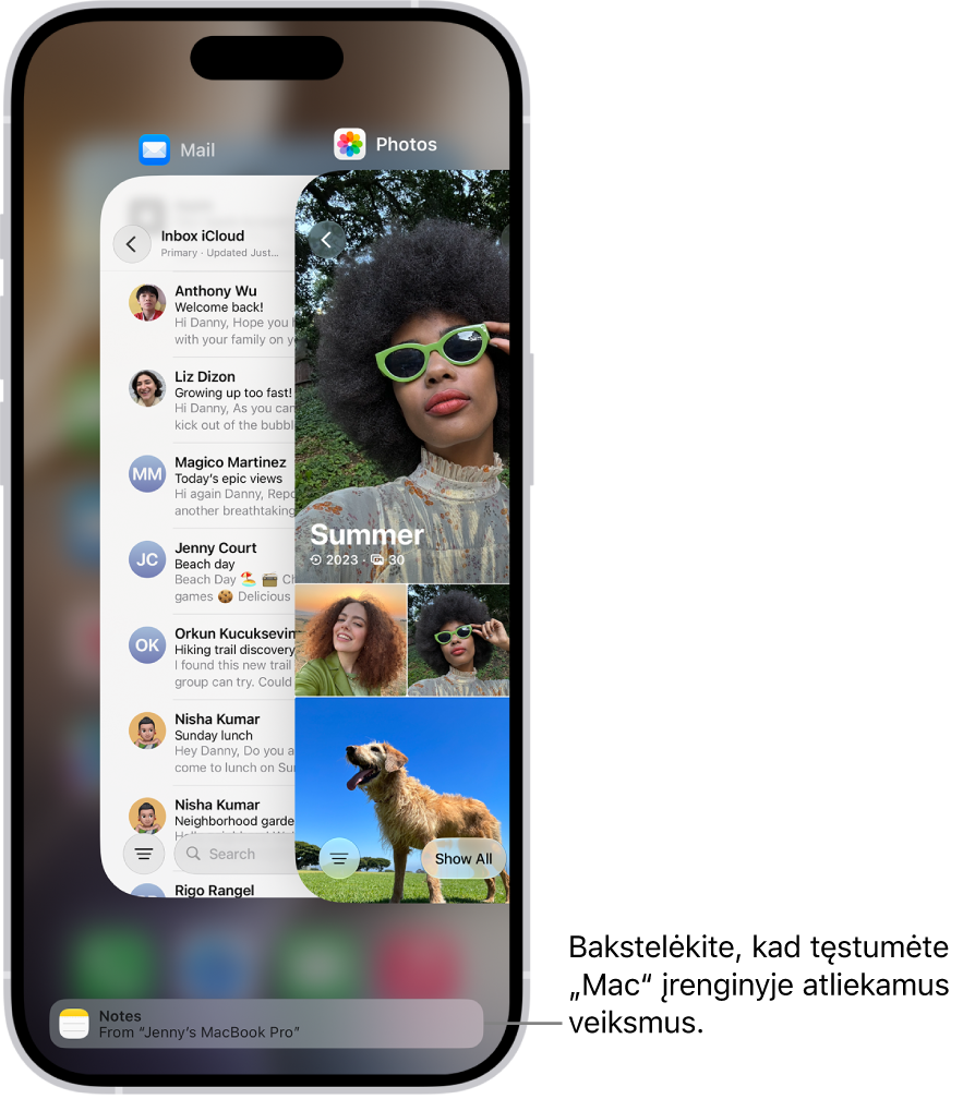 „iPhone“ programų perjungiklio ekrano apačioje rodomas pranešimas apie perkėlimą.