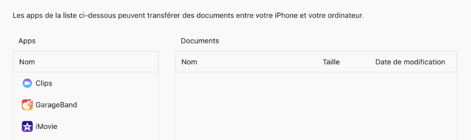 La fenêtre Fichiers qui affiche les apps qui peuvent se synchroniser avec un appareil.