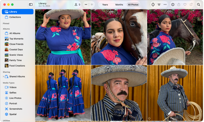 The Photos main window showing Library selected in sidebar on the left, photos organized in a grid on the right, and Years, Months, and All Photos buttons in the toolbar at the top.