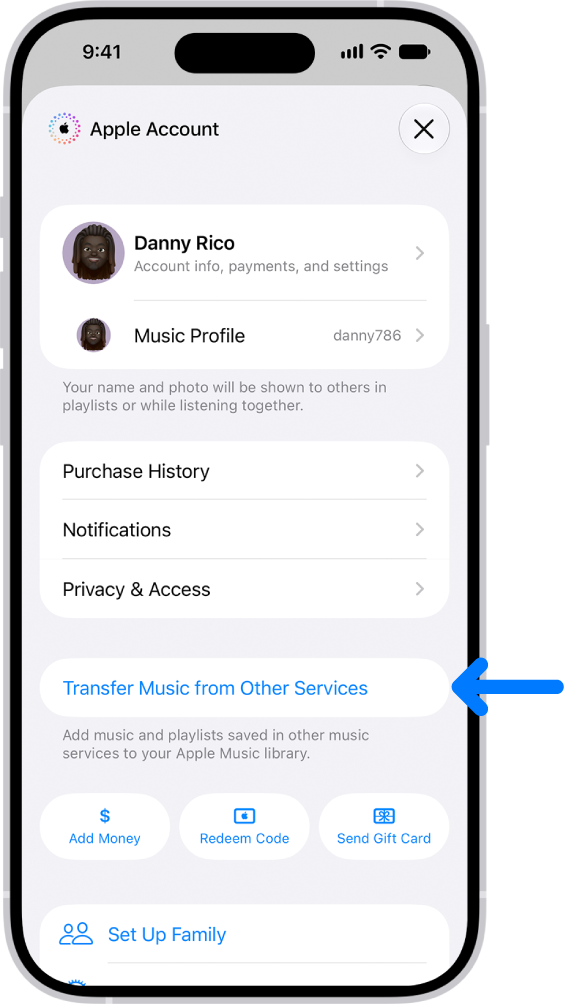 The Transfer Music from Other Services button on the Apple Account screen in Apple Music.