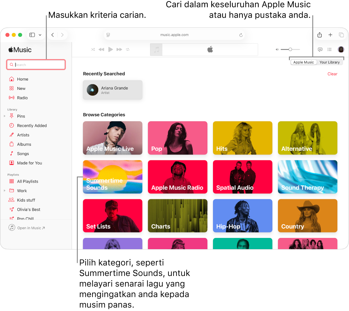 Tetingkap Apple Music menunjukkan medan carian di penjuru kiri atas, senarai kategori di bahagian tengah tetingkap dan Apple Music atau Pustaka Anda tersedia di penjuru kanan atas. Masukkan kriteria carian dalam medan carian, kemudian pilih untuk mencari semua daripada Apple Music atau pustaka anda sahaja. Secara pilihan, pilih kategori, seperti Summertime Sounds, untuk melayari senarai lagu yang mengingatkan anda kepada musim panas.