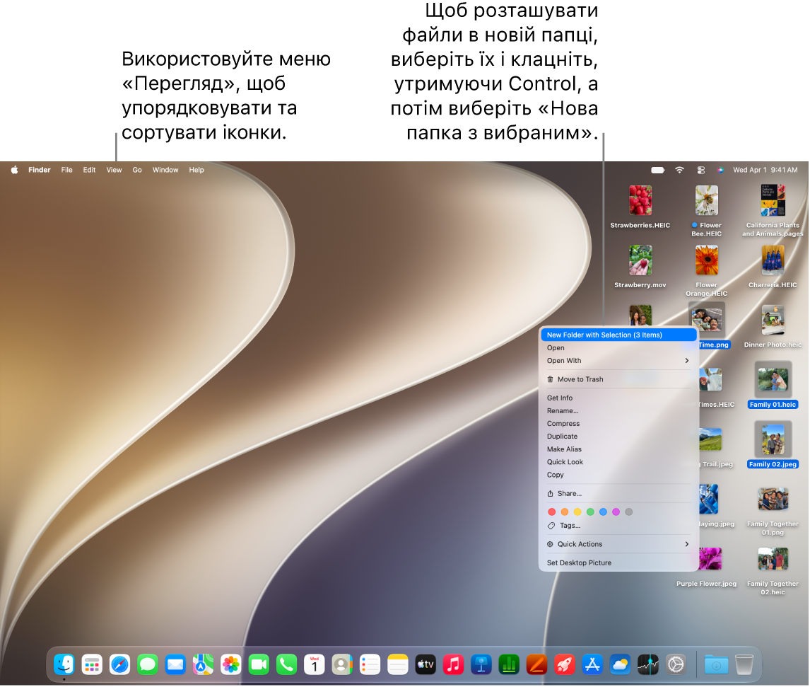 Робочий стіл Mac, на якому відображається шпалера, смуга меню вгорі й панель Dock внизу.