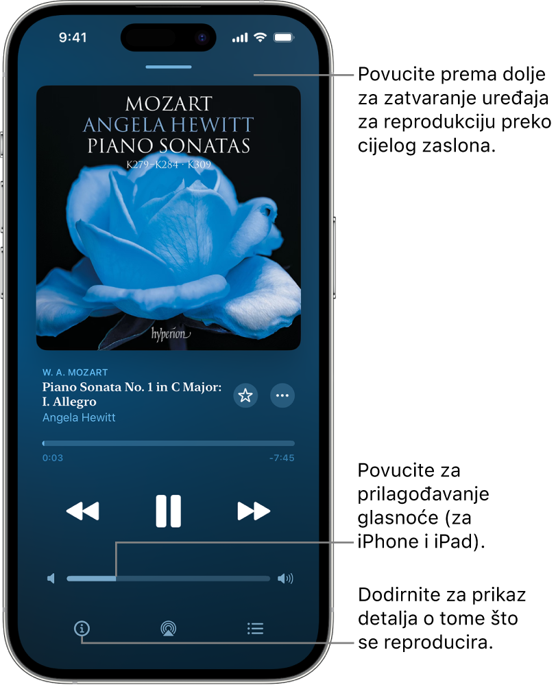 iPhone prikazuje zaslon trenutačne reprodukcije u aplikaciji Apple Music Classical. Pri vrhu zaslona nalazi se siva traka koju dodirnete kako biste sakrili zaslon trenutačna reprodukcije i prebacili se na MiniPlayer. Ispod trake nalazi se omot albuma, naziv djela i vremenska linija koja prikazuje duljinu naslova i koliko je vremena prošlo. U donjem dijelu zaslona nalaze se tipke Preskoči unatrag, Pauziraj i Preskoči unaprijed, kontrola glasnoće te tipke Informacije, AirPlay i Reproducira se sljedeće.