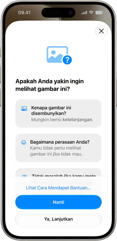 Layar peringatan Keamanan Komunikasi yang menunjukkan bahwa ketelanjangan telah terdeteksi dengan pilihan untuk mendapatkan bantuan.