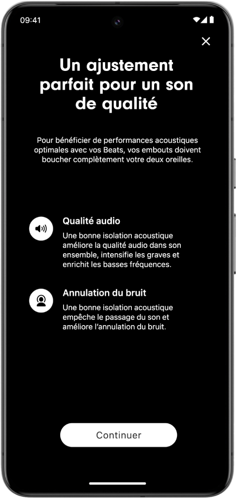 L’écran d’un appareil Android qui montre le test d’ajustement des embouts.