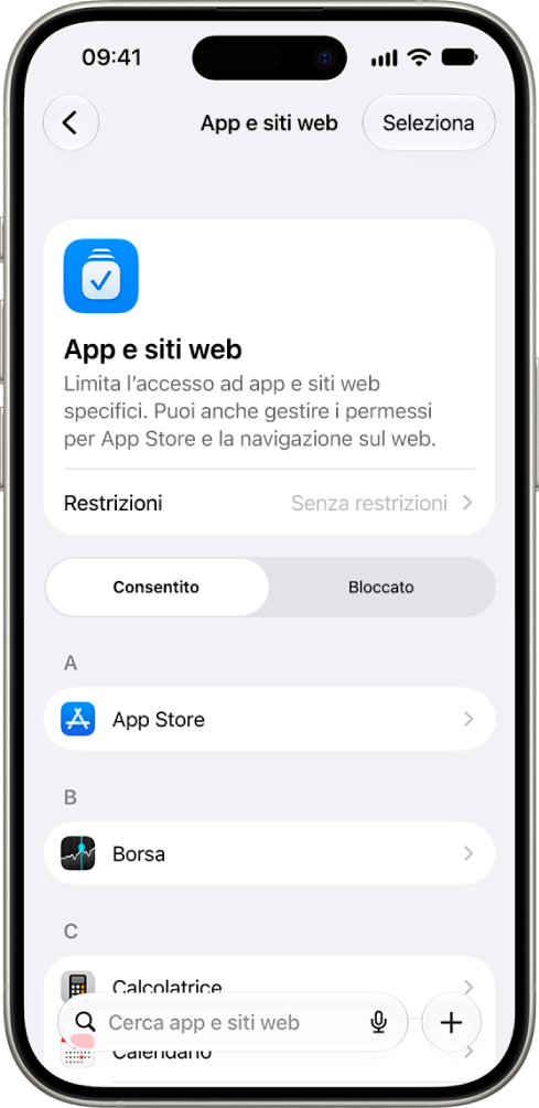 Il pannello “App e siti web” di “Tempo di utilizzo” con i siti web consentiti e bloccati.
