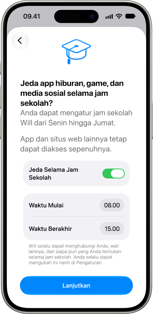 Layar pengaturan pengawasan orang tua yang menunjukkan jam penggunaan perangkat harus dihentikan selama jam sekolah.