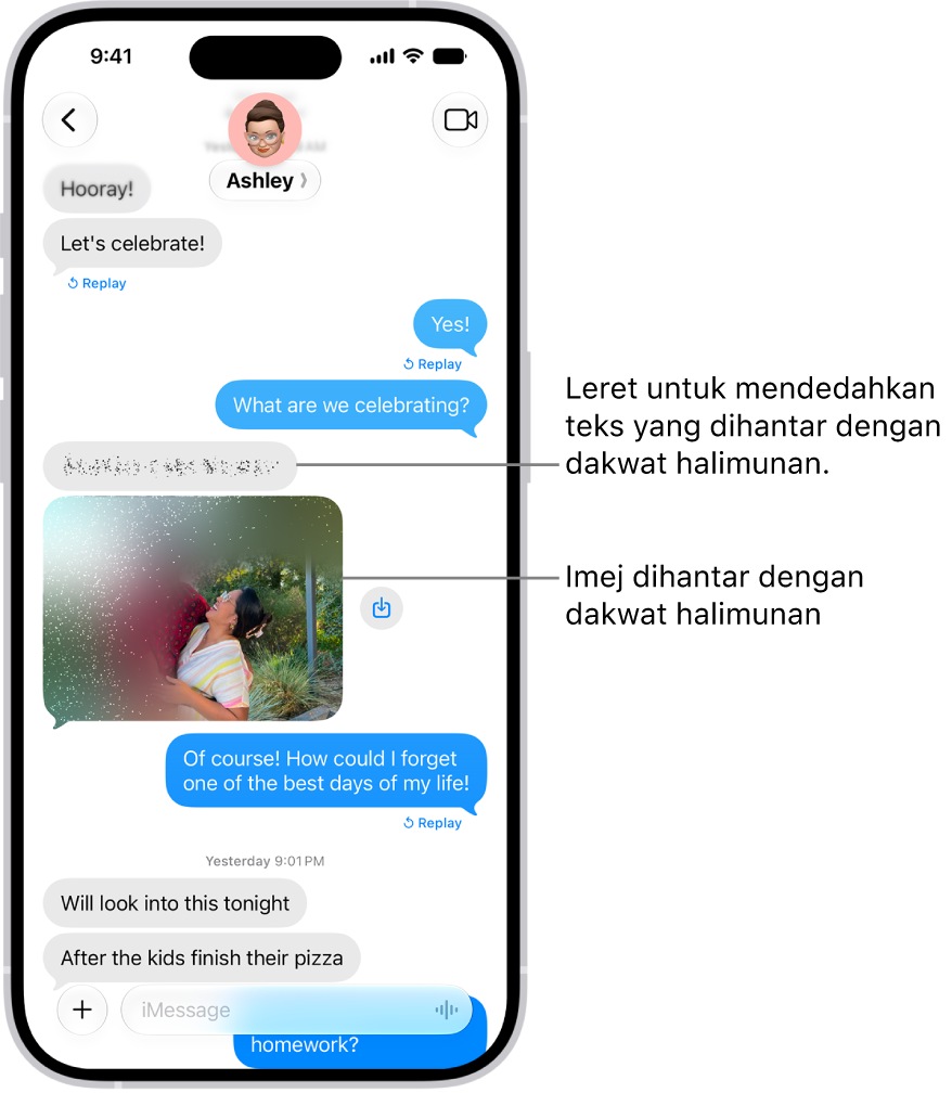 Perbualan dalam Mesej termasuk mesej teks dan foto yang dihantar dengan kesan Dakwat Halimunan.