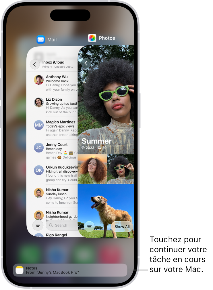 Le sélecteur d’app sur l’iPhone affichant une notification de handoff en bas de l’écran.