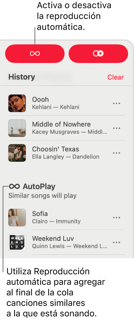 El historial es visible en la esquina superior derecha de Apple&nbsp;Music. También se muestra la sección Reproducción automática.