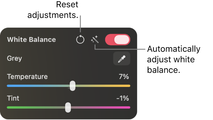 White Balance controls in the Color Adjustments pane
