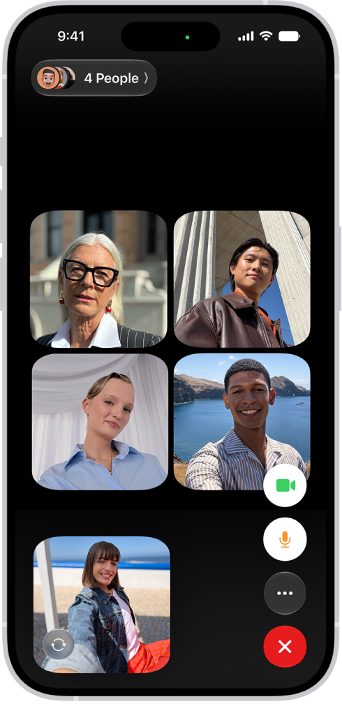 A Group FaceTime call with five participants. Each participant appears in a separate tile. The FaceTime controls are at the bottom-right side of the screen.