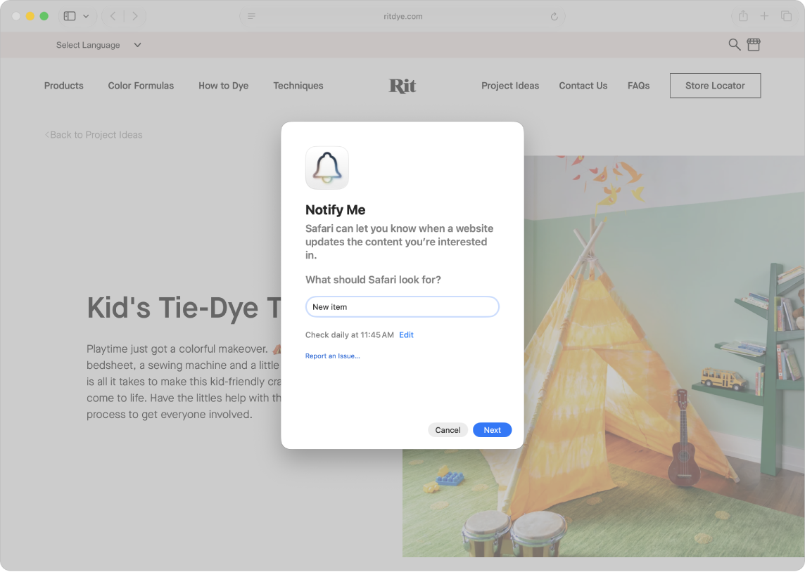 The Notify Me dialog with a field for what to look for and a setting for how often Safari checks.