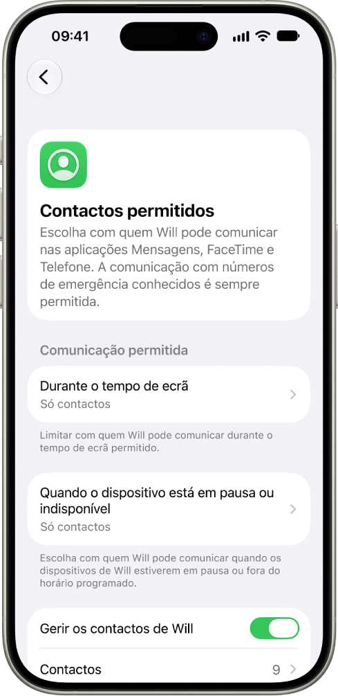 O ecrã “Contactos permitidos” nas definições de Tempo de ecrã, com opções para comunicação permitida durante o Tempo de ecrã, comunicação permitida quando os dispositivos estão em pausa e gestão de contactos.