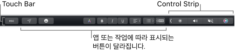 키보드 상단에 펼쳐진 Touch&nbsp;Bar와 오른쪽에 축소되어 표시된 Control&nbsp;Strip, 앱 또는 작업별로 달라지는 버튼.