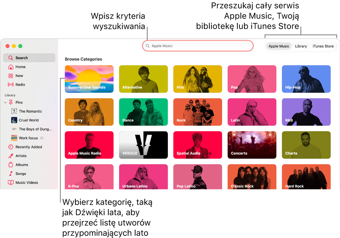 Okno Apple&nbsp;Music z&nbsp;polem wyszukiwania. Na środku okna widoczna jest lista kategorii. W&nbsp;prawym górnym rogu widoczny jest przełącznik umożliwiający szukanie w&nbsp;Apple&nbsp;Music, w&nbsp;Twojej bibliotece lub w&nbsp;iTunes&nbsp;Store. Wprowadź kryteria wyszukiwania w&nbsp;polu Szukaj, a następnie wybierz, czy chcesz szukać w&nbsp;całej zawartości Apple&nbsp;Music, tylko w&nbsp;swojej bibliotece, czy w&nbsp;iTunes&nbsp;Store.