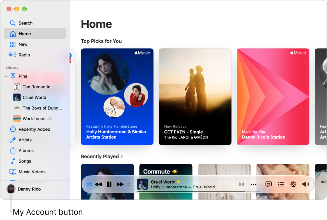 The Apple Music window showing the Home screen. The My Account button (which looks like a photo or monogram) is in the bottom-left corner of the window.