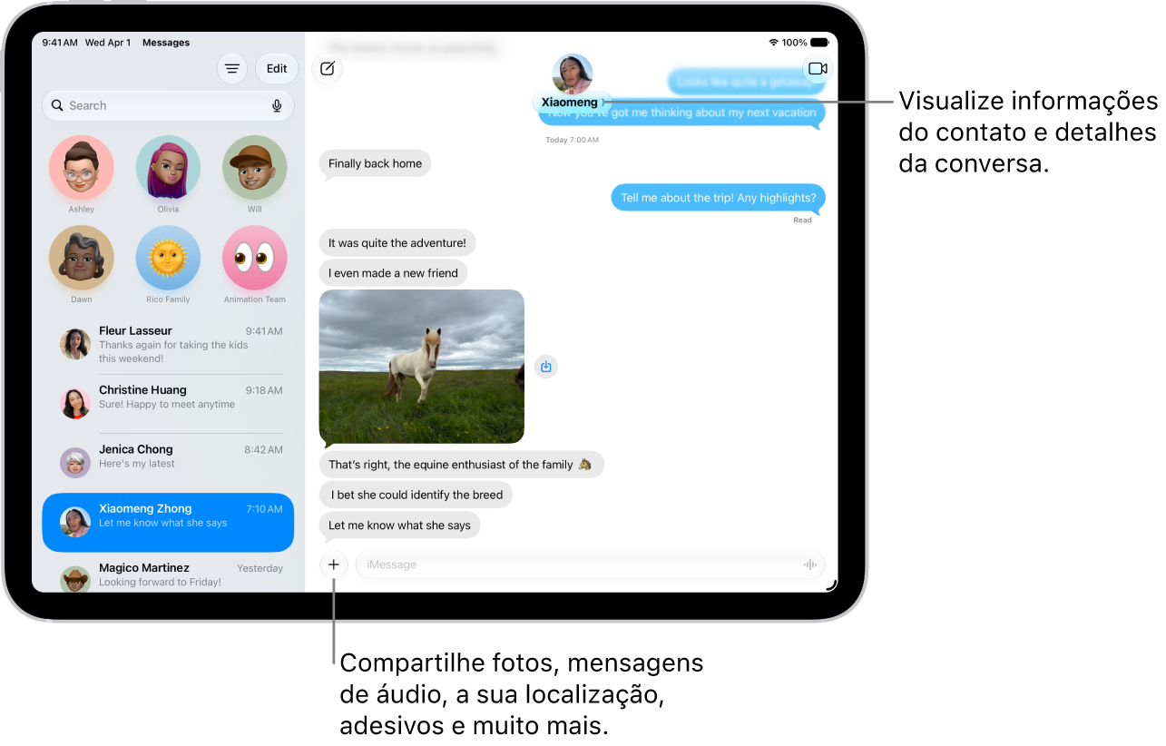 Uma lista de conversas do app Mensagens à esquerda e uma transcrição de conversa à direita. Na parte superior, tocar no ícone do contato abre os detalhes da conversa.