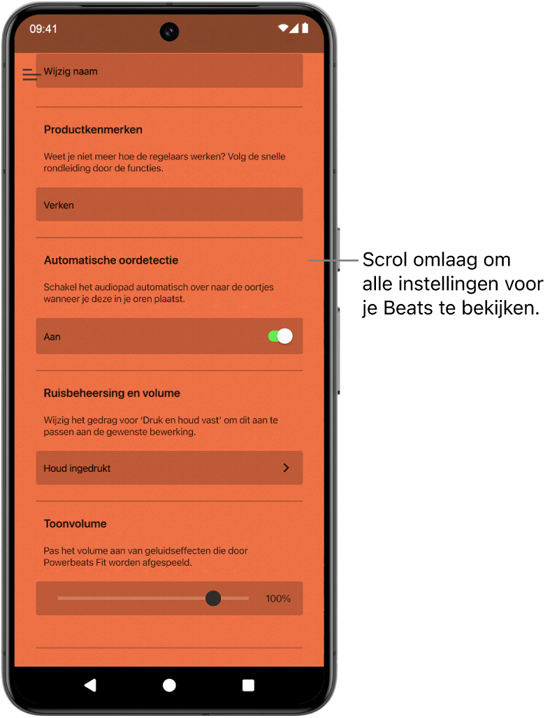 Het apparaatscherm van de Beats-app, met alle instellingen voor de verbonden Powerbeats&nbsp;Fit-oortjes.