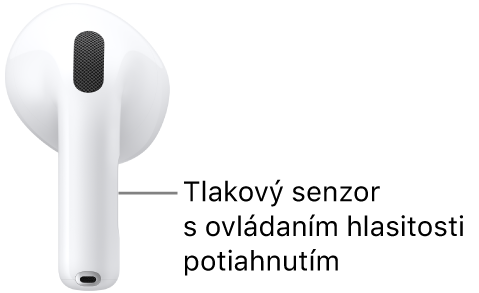 Umiestnenie snímača tlaku s&nbsp;potiahnutím na úpravu hlasitosti na AirPodoch&nbsp;5 s&nbsp;bezdrôtovým nabíjacím puzdrom, pozdĺž stopky každého AirPodu.
