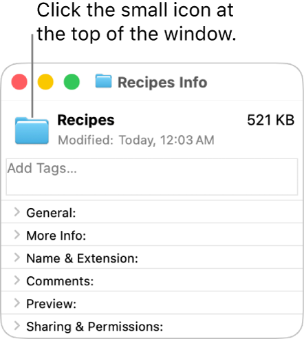 The Info window for a folder, showing the generic icon for the folder selected.