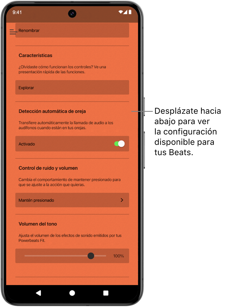 La pantalla de dispositivo en la app Beats mostrando la configuración disponible para los audífonos Powerbeats&nbsp;Fit conectados.