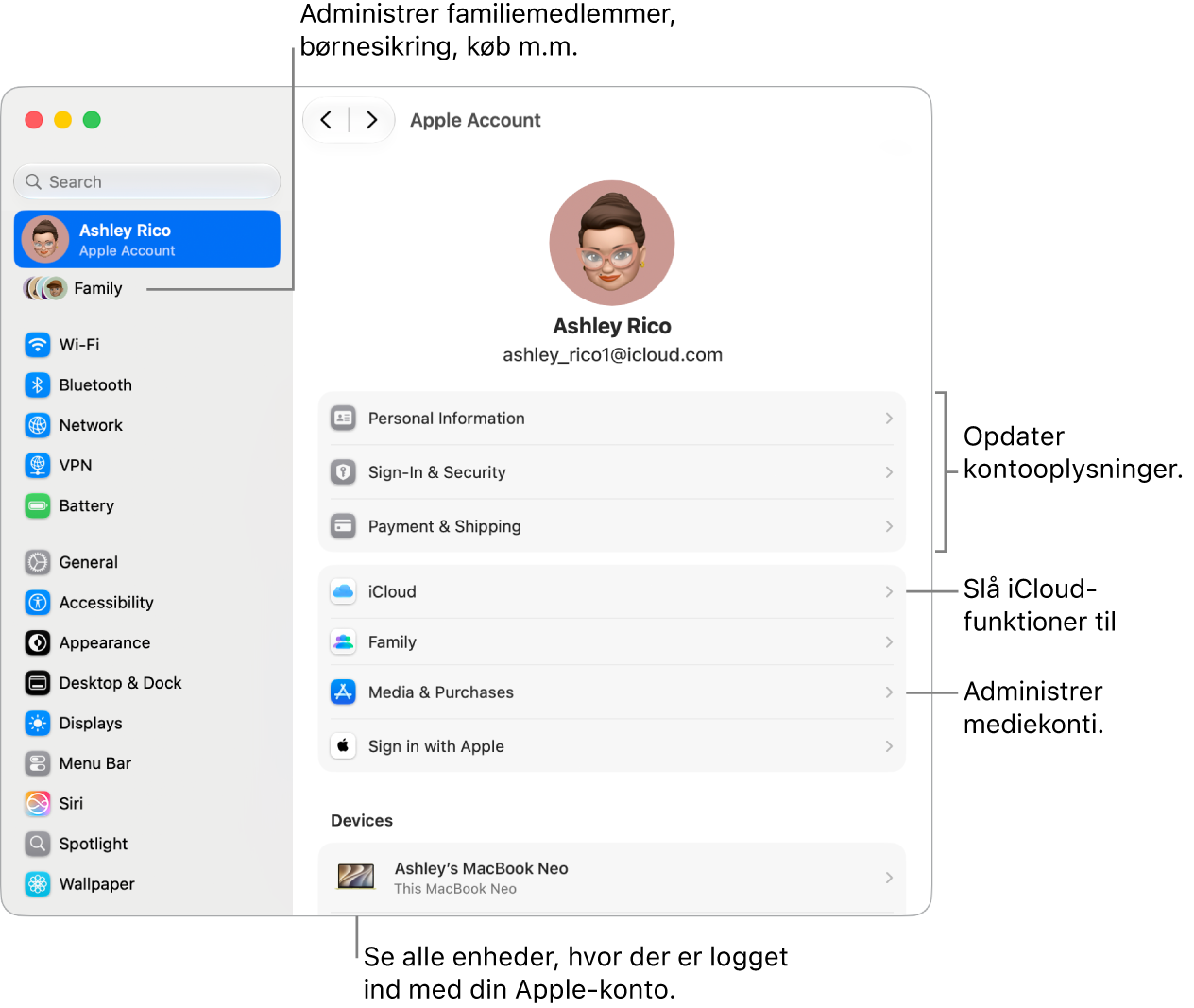 Indstillingerne til Apple-konto i Systemindstillinger med billedforklaringer til at opdatere kontooplysninger, slå iCloud-funktioner til og fra, administrere mediekonti samt justere indstillingerne til Familie, hvor du kan administrere familiemedlemmer, børnesikring, køb m.m.