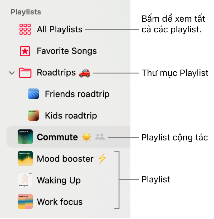 Thanh bên Nhạc đang hiển thị một thư mục playlist và các loại playlist khác nhau: Bài hát ưa thích, Cộng tác và các playlist. Bấm vào Tất cả playlist để xem tất cả chúng.