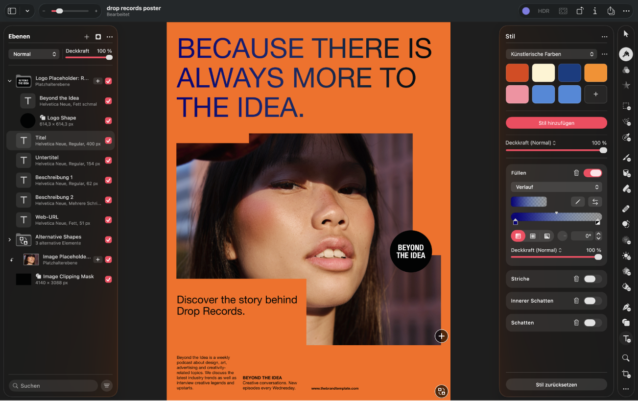 Benutzeroberfläche der App „Pixelmator&nbsp;Pro“ mit einem geöffneten Grafikdesign-Dokument.