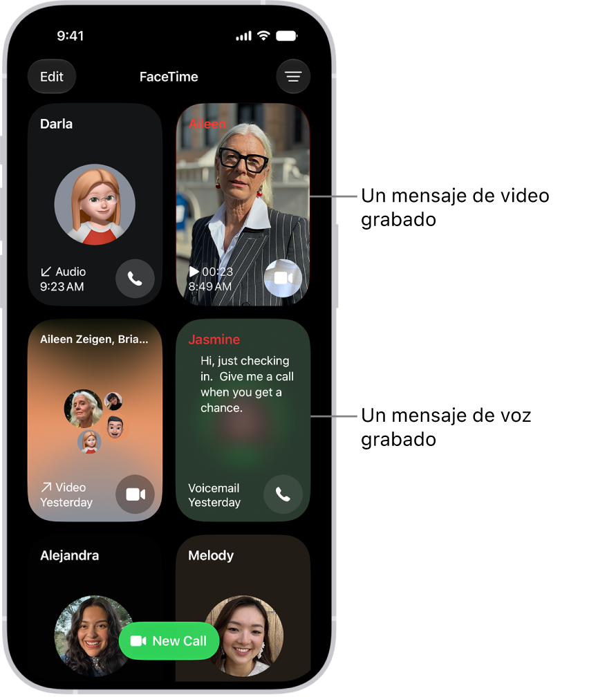 El historial de FaceTime mostrando un contacto sugerido, un mensaje de video grabado, un mensaje del buzón de voz y una llamada de video grupal de FaceTime.