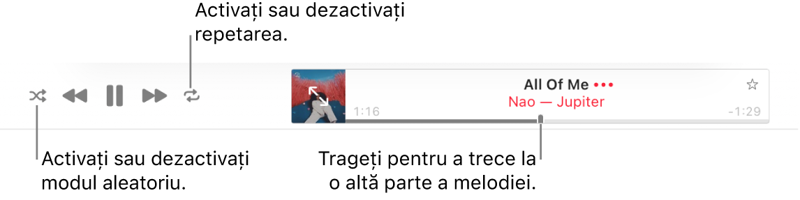 Partea de sus din Apple Music cu o melodie în redare. Comenzile de redare se află în capătul din stânga. Butonul Mod aleatoriu se află în stânga comenzilor de redare, iar butonul Repetați se află în dreapta comenzilor. Trageți capul de redare pentru a trece la o altă parte a melodiei.