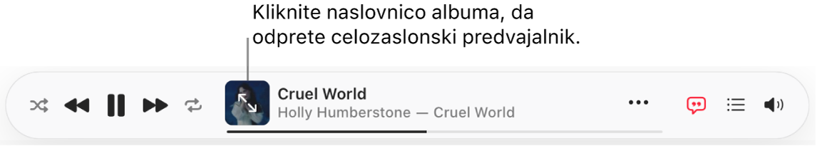 Dno okna Apple Music s predvajano skladbo.