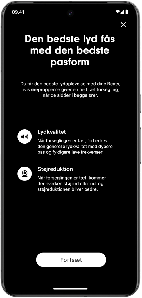 En skærm på en Android-enhed, der viser funktionen Test&nbsp;af&nbsp;øreproppernes&nbsp;pasform.