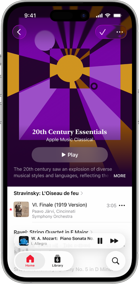 An iPhone showing a playlist in Apple Music Classical and a track playing at the bottom of the screen.