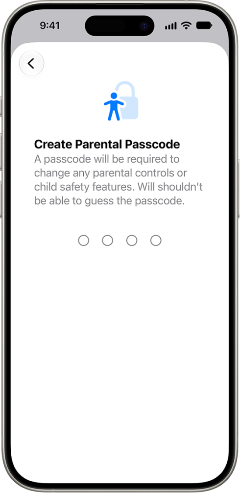 The parental controls set up screen showing the option to create a Screen Time passcode.