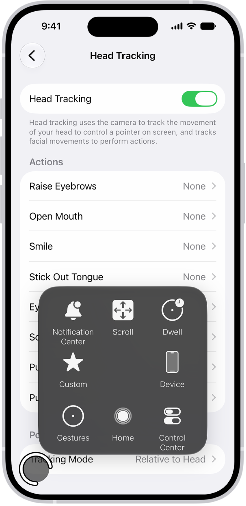 An iPhone with head tracking turned on. The AssistiveTouch menu is visible, showing controls for Notification Center, Scroll, Dwell, Device, Control Center, Home, Gestures, and Custom.