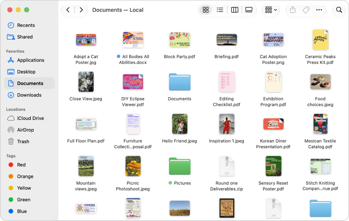 Une fenêtre du Finder avec la barre latérale du Finder sur la gauche. En haut de la fenêtre se trouvent quatre boutons qui modifient la présentation des éléments dans la fenêtre, ainsi que des boutons supplémentaires pour les organiser et les partager.