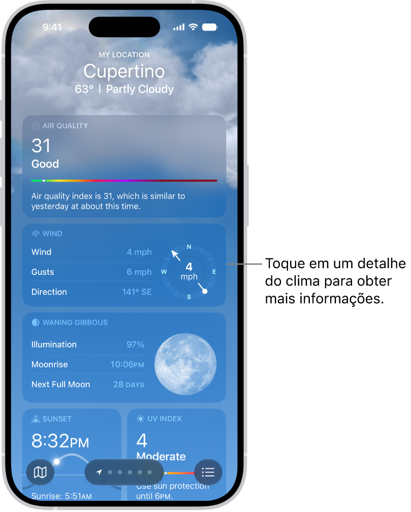 O app Tempo mostrando detalhes do tempo para uma localização.